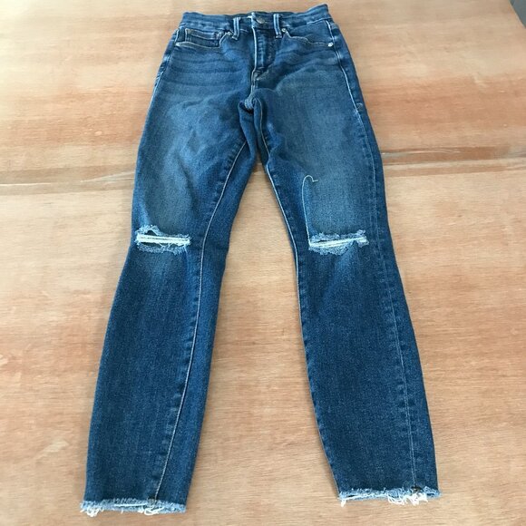 Good American Good Legs Crop Jeans Women 0/25 Blue High Rise Distressed Raw Hem - Picture 1 of 11
